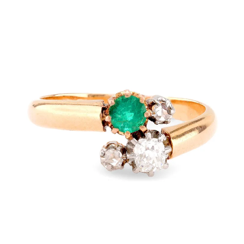 Platinum engagement rings featuring bold turquoise gems -Victorian French Emerald Diamond 18K Rose Gold Toi Et Moi Ring