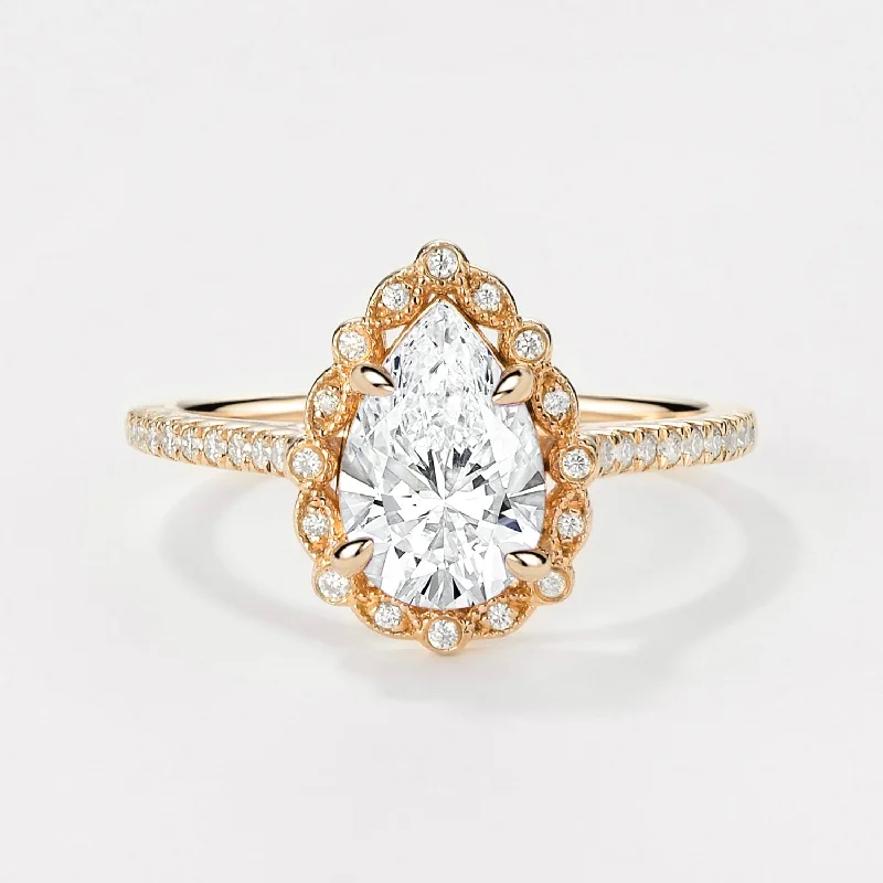 Engagement rings with vintage-inspired claw prongs -Victorian Vintage Pear Shaped Lab Grown Diamond Halo Ring