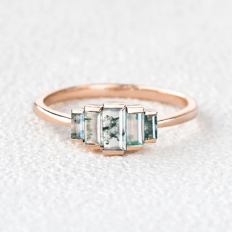 Engagement rings with minimalist moonstone center gems -Vintage Baguette Moss Agate Engagement Ring