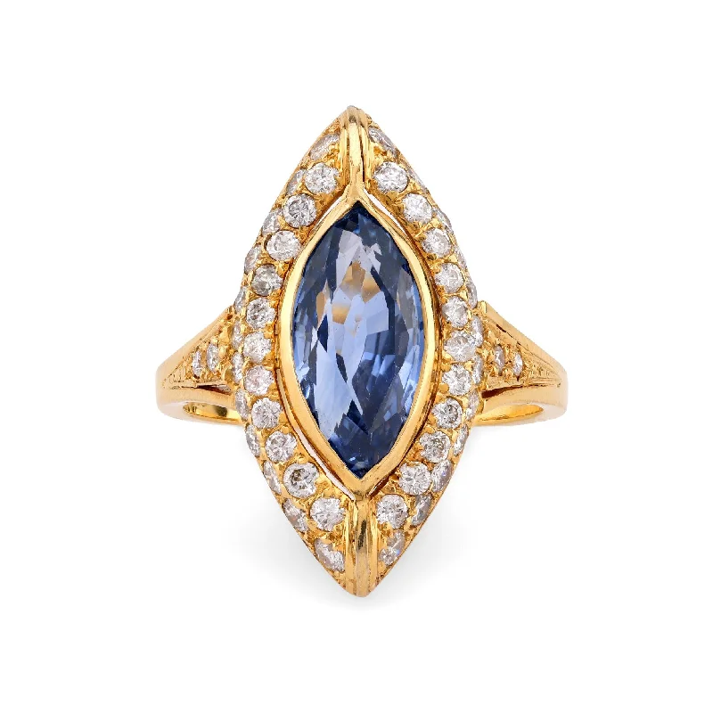 Engagement rings with asscher-cut jade for class -Vintage GIA 2.82 Carat Sapphire Diamond 18K Yellow Gold Navette Ring