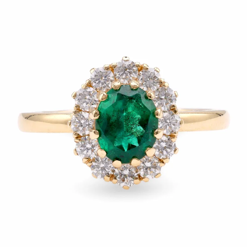 Engagement rings with cushion-cut aquamarine stones -Vintage Inspired Emerald Diamond 18K Yellow Gold Ring Cluster Ring