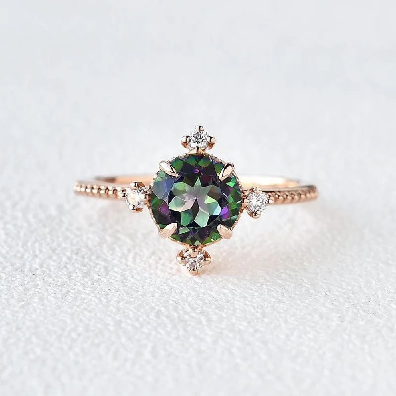 Engagement rings with yellow gold floral halos -Vintage Inspired Mystic Topaz & Moissanite Rose gold Ring