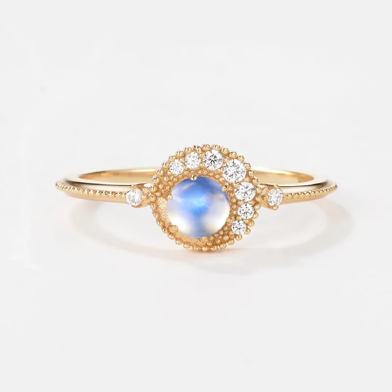 Engagement rings with matte finish rose gold -Vintage Moonstone Round Cut Half Moon Six-prong Ring