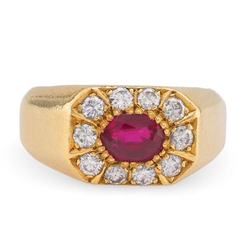 Engagement rings with subtle engraved turquoise bands -Vintage Ruby Diamond 18K Yellow Gold Ring