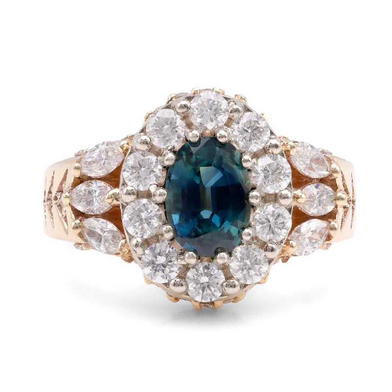 Engagement rings with classic round sapphire brilliance -Vintage Sapphire Diamond 14K Yellow Gold Cluster Ring