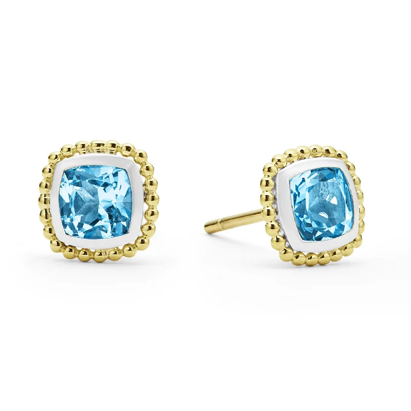 18K Gold Caviar Swiss Blue Topaz Stud Earrings