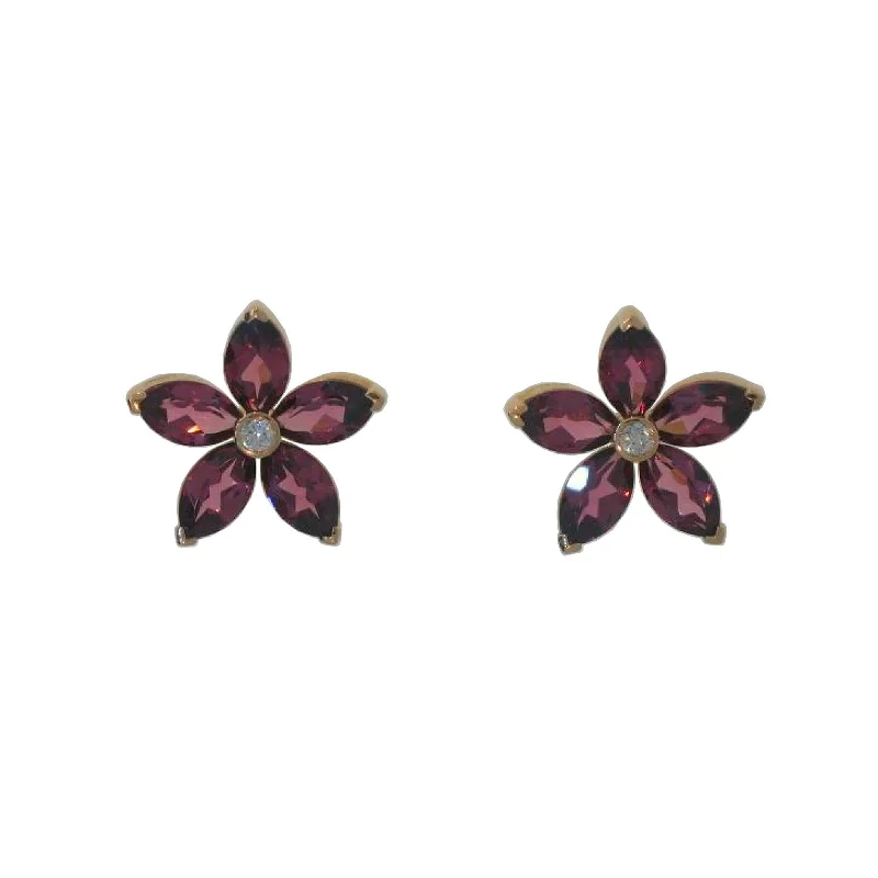 Gothic Stud Earrings with Dark Tone -Garnet & Diamond Flower Stud Earrings