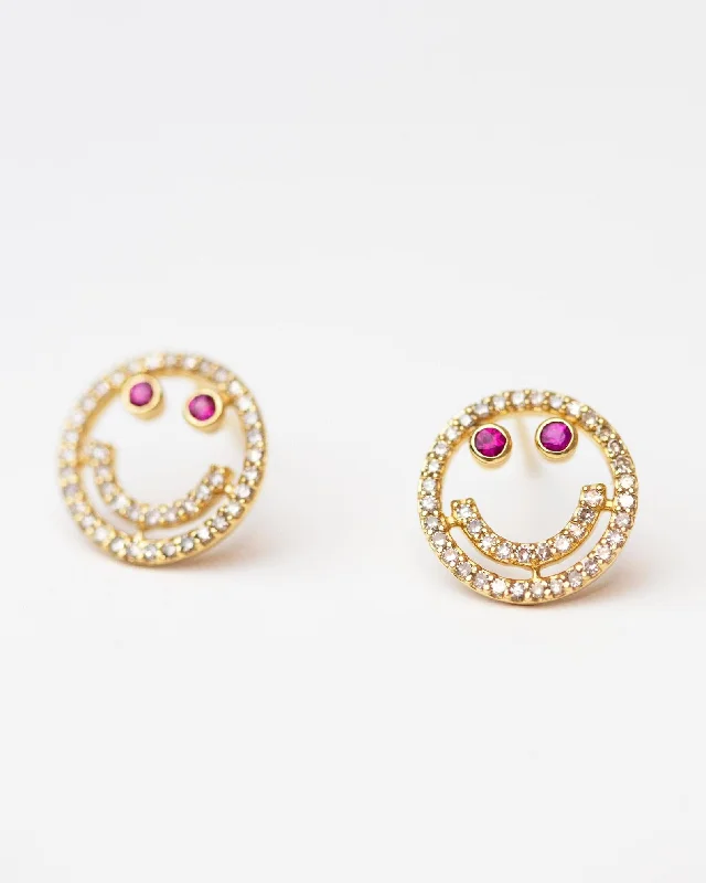 Stud Earrings with Enamel -14k Diamond and Ruby Smiley face Stud Earrings