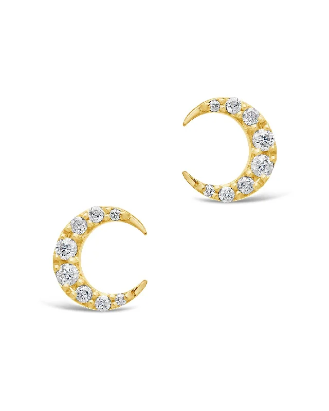 Clip On Stud Earrings for Non Pierced -14K Gold Diamond Crescent Stud Earrings