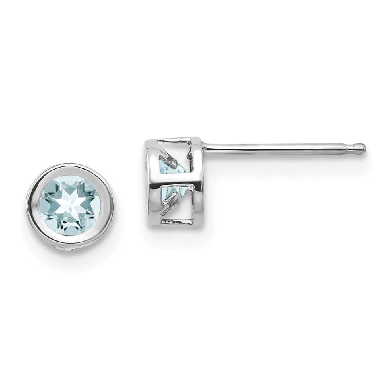 Hippie Stud Earrings with Beads -14k White Gold Bezel Aquamarine Stud Earrings (L-4 mm, W-4 mm)