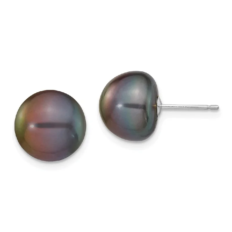 Stud Earrings with Star Motifs -14k White Gold Black Button Cultured Pearl Stud Earrings (L-10 mm, W-11 mm)