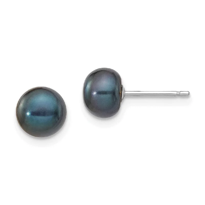 Stud Earrings with Floral Motifs -14k White Gold Black Button Cultured Pearl Stud Earrings (L-6 mm, W-7 mm)