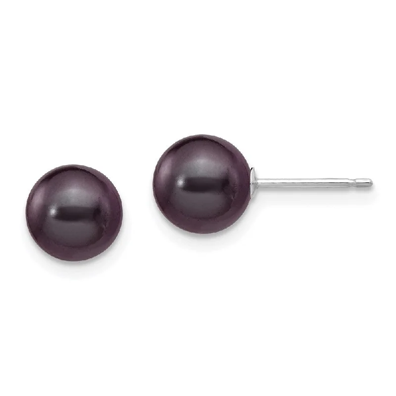 Leverback Stud Earrings for Comfort -14k White Gold Black Round Cultured Pearl Stud Earrings (L-7 mm, W-8 mm)