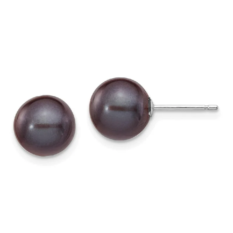 Crystal Stud Earrings for Sparkle -14k White Gold Black Round Cultured Pearl Stud Earrings (L-8 mm, W-9 mm)