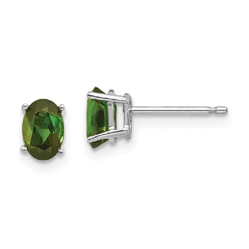 Silver Stud Earrings for Men -14k White Gold Oval Cut Green Tourmaline Stud Earrings (L-6 mm, W-4 mm)