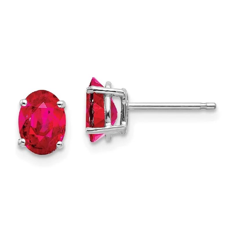 Stud Earrings with Polished Shine -14k White Gold Ruby Stud Earrings (L-7 mm, W-5 mm)