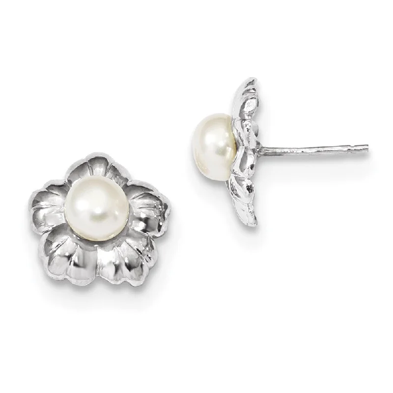 Nickel Free Stud Earrings for Safety -14k White Gold White Button C Pearl Flower Stud Earrings (L-5 mm, W-6 mm)