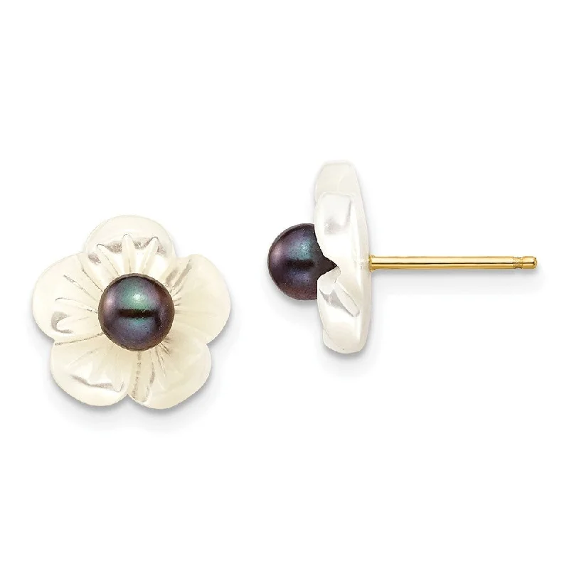 Stud Earrings for Bridesmaids Look -14k Yellow Gold 3-4mm Black Cultured Pearl w10 mm MOP Flower Stud Earrings (L-10 mm, W-10 mm)