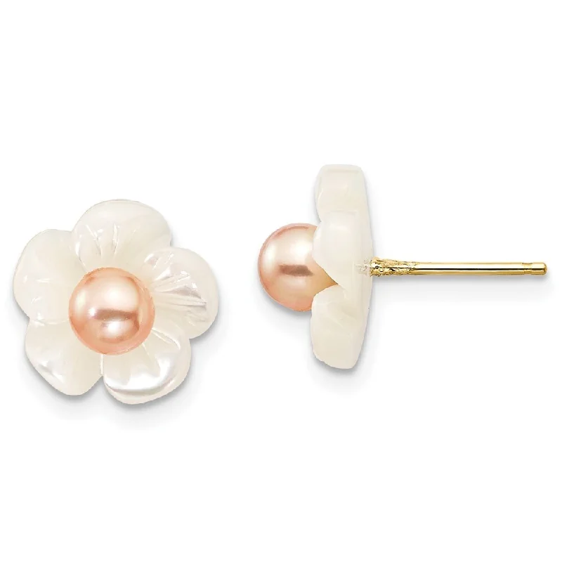 Ethnic Stud Earrings with Tribal Design -14k Yellow Gold 3-4mm Pink Cultured Pearl w10mm MOP Flower Stud Earrings (L-10 mm, W-10 mm)