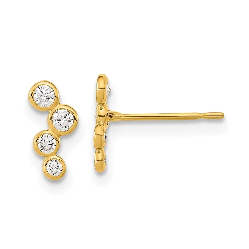 Stud Earrings with Debossed Designs -14k Yellow Gold 4- CZ Bezel Set Stud Earrings (L-10 mm, W-3.5 mm)