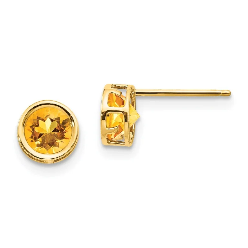 Ethnic Stud Earrings with Tribal Design -14k Yellow Gold 5mm Bezel Citrine Stud Earrings