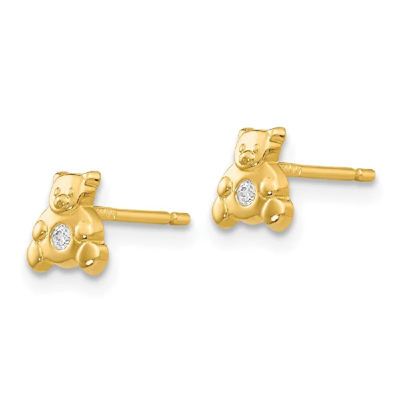 Stud Earrings with Vine Designs -14k Yellow Gold Bear with CZ Stud Earrings (L-6 mm, W-6 mm)