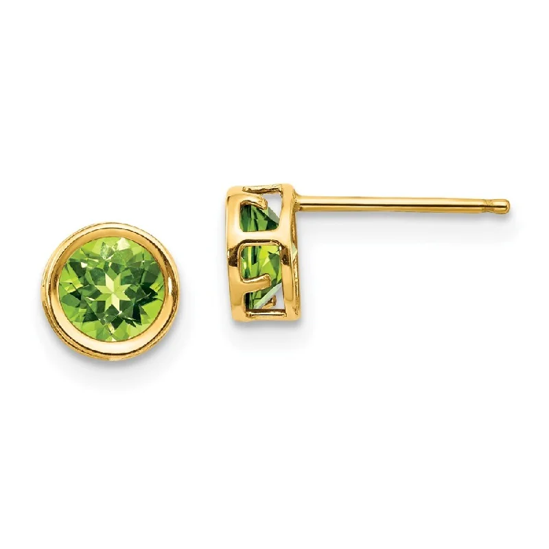 Stud Earrings with Etching -14k Yellow Gold Bezel Peridot Stud Earrings (L-5 mm, W-5 mm)