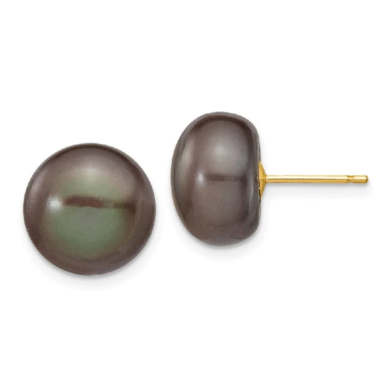 Clip On Stud Earrings for Non Pierced -14k Yellow Gold Black Button Cultured Pearl Stud Earrings (L-11 mm, W-12 mm)