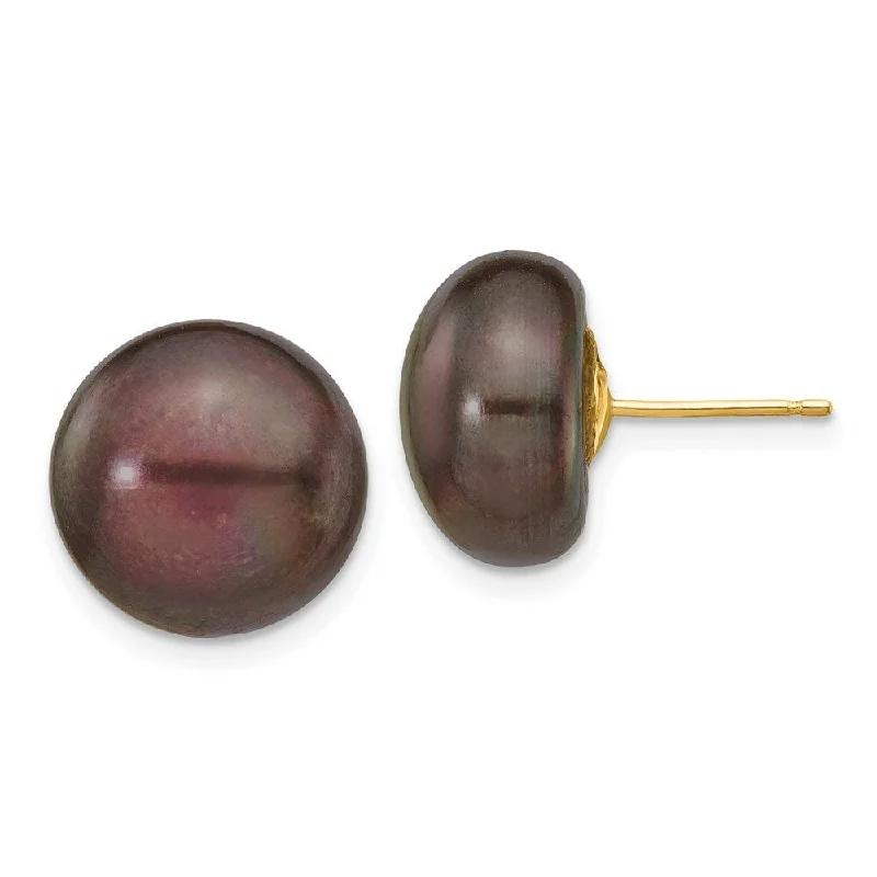 Stud Earrings for Valentine's Day -14k Yellow Gold Black Button Cultured Pearl Stud Earrings (L-12 mm, W-13 mm)