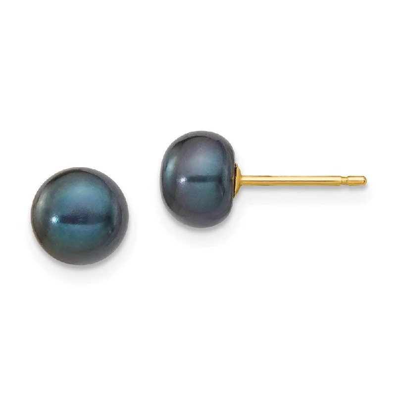 Floral Stud Earrings with Petals -14k Yellow Gold Black Button Cultured Pearl Stud Earrings (L-6 mm, W-7 mm)