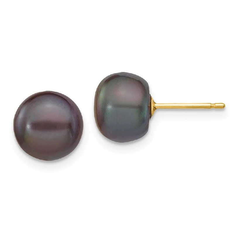 Stud Earrings for Travel Look -14k Yellow Gold Black Button Cultured Pearl Stud Earrings (L-8 mm, W-9 mm)