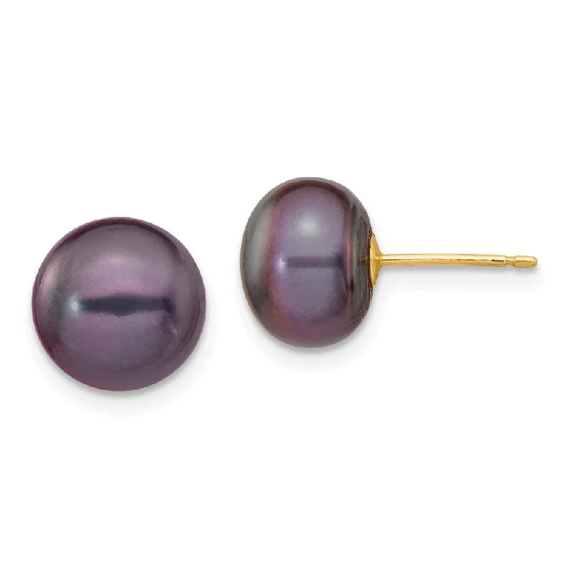 Stud Earrings with Enamel -14k Yellow Gold Black Button Cultured Pearl Stud Earrings (L-9 mm, W-10 mm)