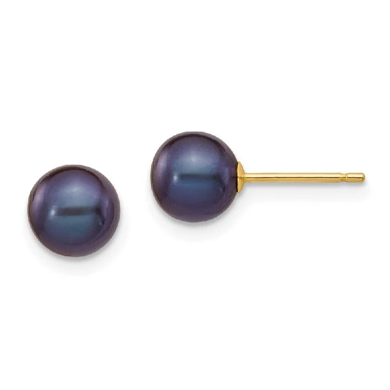 Stud Earrings with Knot Designs -14k Yellow Gold Black Round Cultured Pearl Stud Earrings (L-6 mm, W-7 mm)