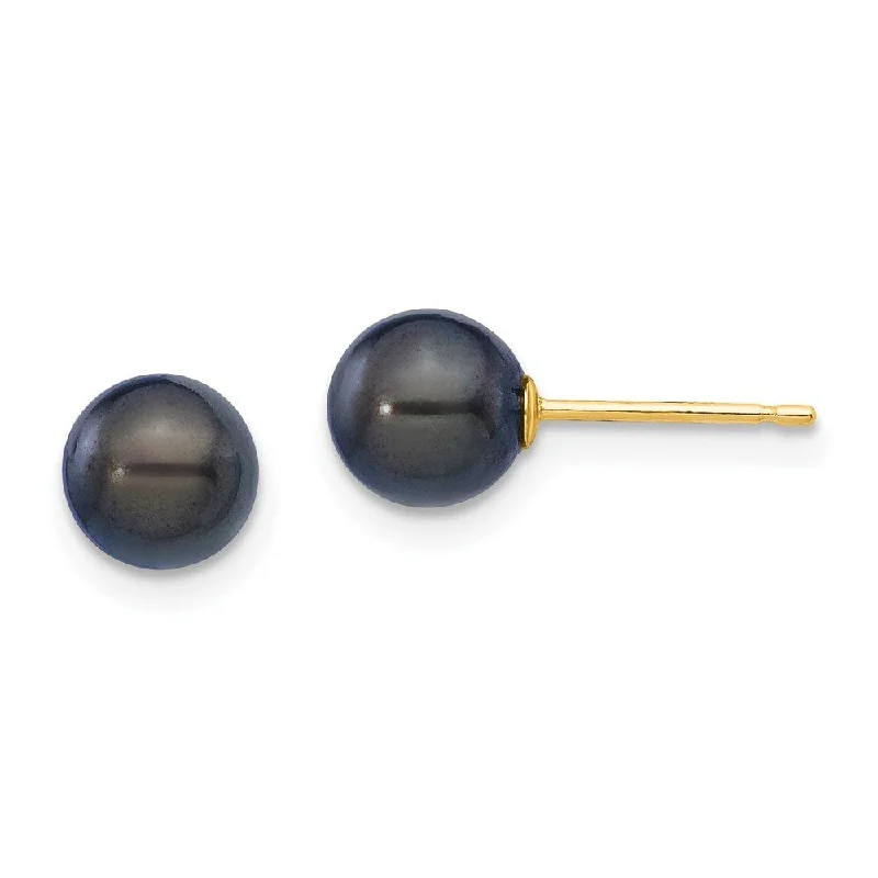 Stud Earrings with Vine Designs -14k Yellow Gold Black Saltwater Akoya Cultured Pearl Stud Earrings (L-6 mm, W-7 mm)