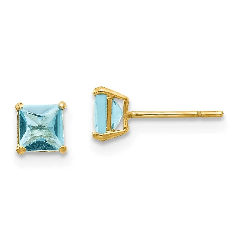 Floral Stud Earrings with Petals -14k Yellow Gold Blue Gemstone Square Stud Earrings (L-4 mm, W-4 mm)