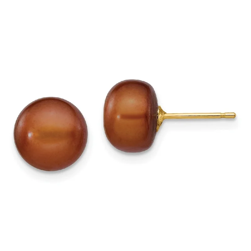 Waterproof Stud Earrings for Outdoor -14k Yellow Gold Coffee Button Cultured Pearl Stud Earrings (L-8 mm, W-9 mm)