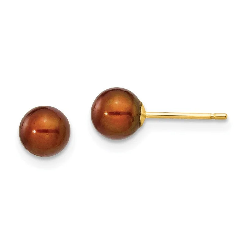 African Stud Earrings with Culture -14k Yellow Gold Coffee Round Cultured Pearl Stud Earrings (L-5 mm, W-6 mm)