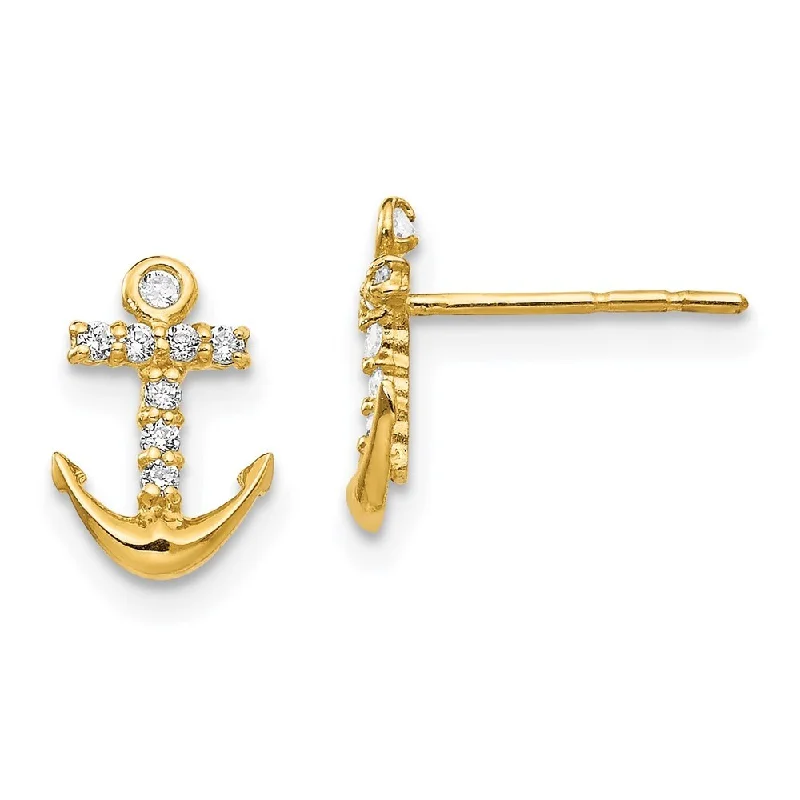 Contemporary Stud Earrings for Fashion -14k Yellow Gold Cubic Zirconia Anchor Stud Earrings (L-10 mm, W-6 mm)