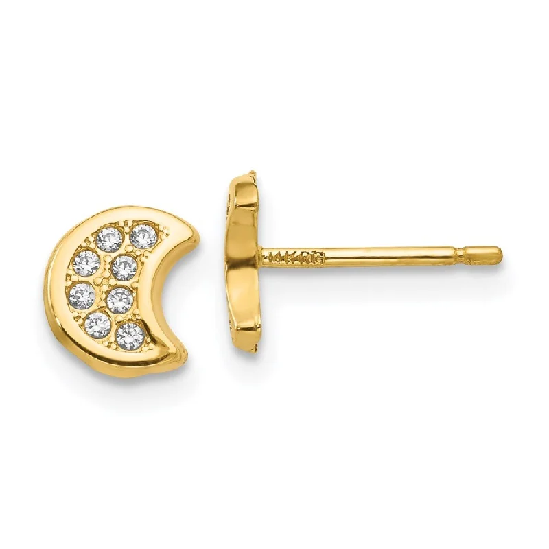 Stud Earrings for Bridesmaids Look -14k Yellow Gold CZ Moon Stud Earrings (L-7 mm, W-4 mm)