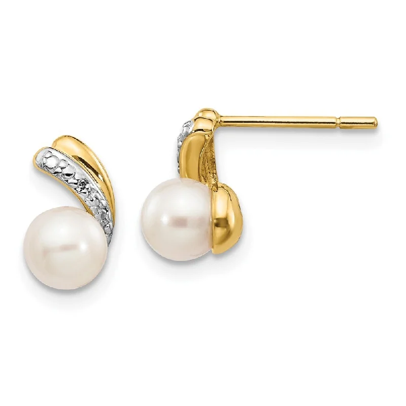 Stud Earrings with Matte Finish -14k Yellow Gold Diamond and 5-6mm Cultured Pearl Stud Earrings (L-9 mm, W-7 mm)