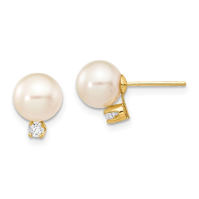 Stud Earrings for School Uniform -14k Yellow Gold Diamond White Cultured Pearl Stud Earrings (L-7 mm, W-8 mm)