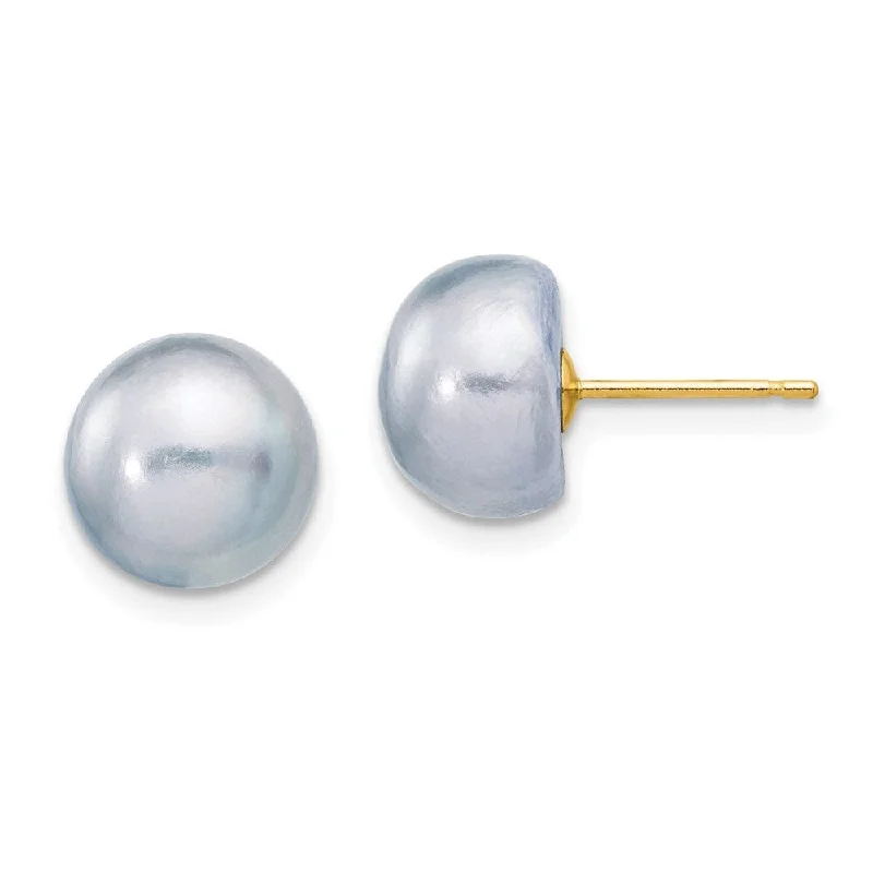 Stud Earrings with Etching -14k Yellow Gold Grey Button Cultured Pearl Stud Earrings (L-9 mm, W-10 mm)