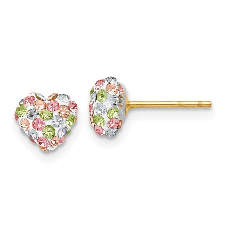 Stud Earrings with Crown Designs -14k Yellow Gold Heart Stud Earrings Pastel Multi-colored Crystal (L-6 mm, W-6 mm)