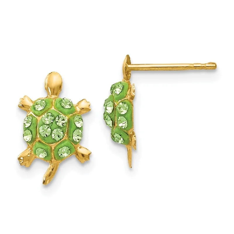 Stud Earrings with Keyhole Designs -14k Yellow Gold Light Green Crystal Turtle Stud Earrings (L-12 mm, W-8 mm)