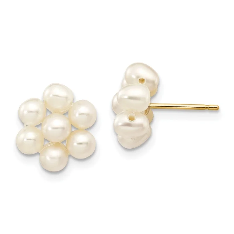 Stud Earrings for Beach Outfit -14k Yellow Gold Medium Egg White Cultured Pearl Flower Stud Earrings (L-11 mm, W-10 mm)