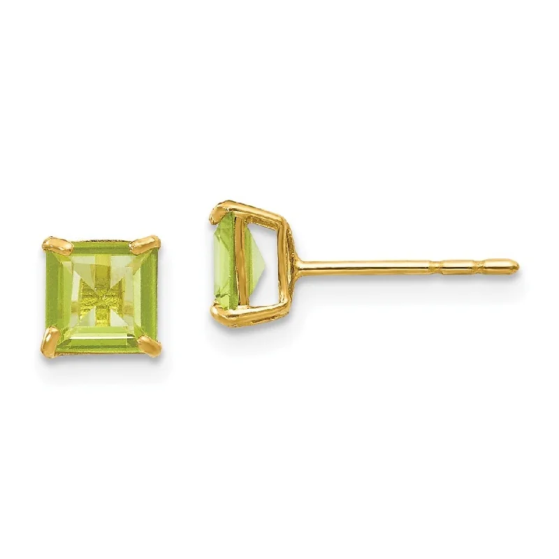 Stud Earrings with Floral Motifs -14k Yellow Gold Peridot Square Stud Earrings (L-5 mm, W-5 mm)