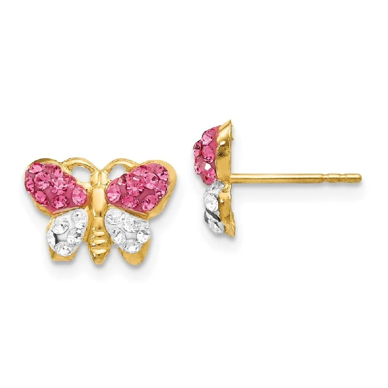 Indian Stud Earrings with Intricacy -14k Yellow Gold Pink White Crystal Butterfly Stud Earrings (L-7 mm, W-11 mm)