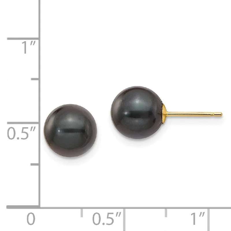 Stud Earrings for Work Attire -14k Yellow Gold Round Black Saltwater Pearl Stud Earrings (L-8 mm, W-9 mm)