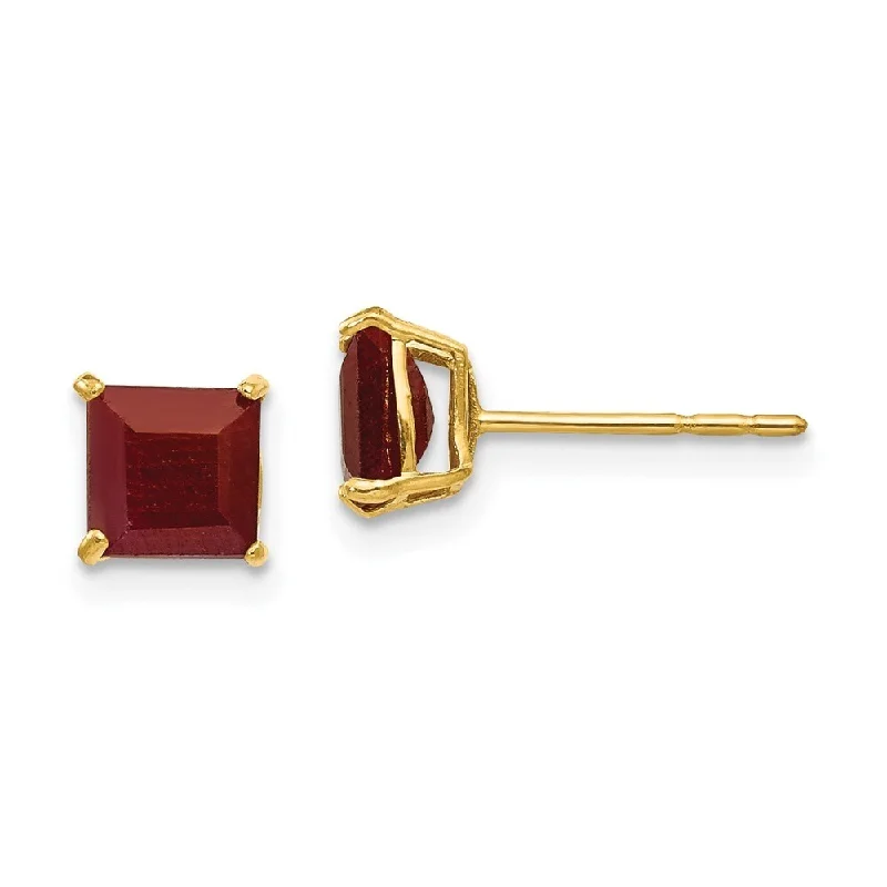 Stud Earrings for Yoga Session -14k Yellow Gold Ruby Square Stud Earrings (L-5 mm, W-5 mm)