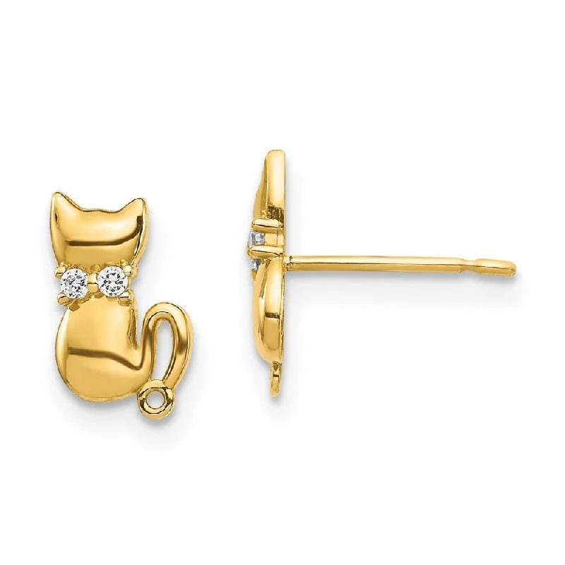 Heavy Duty Stud Earrings for Durability -14k Yellow Gold Sitting Cat CZ Bowtie Stud Earrings (L-7.8 mm, W-5.7 mm)